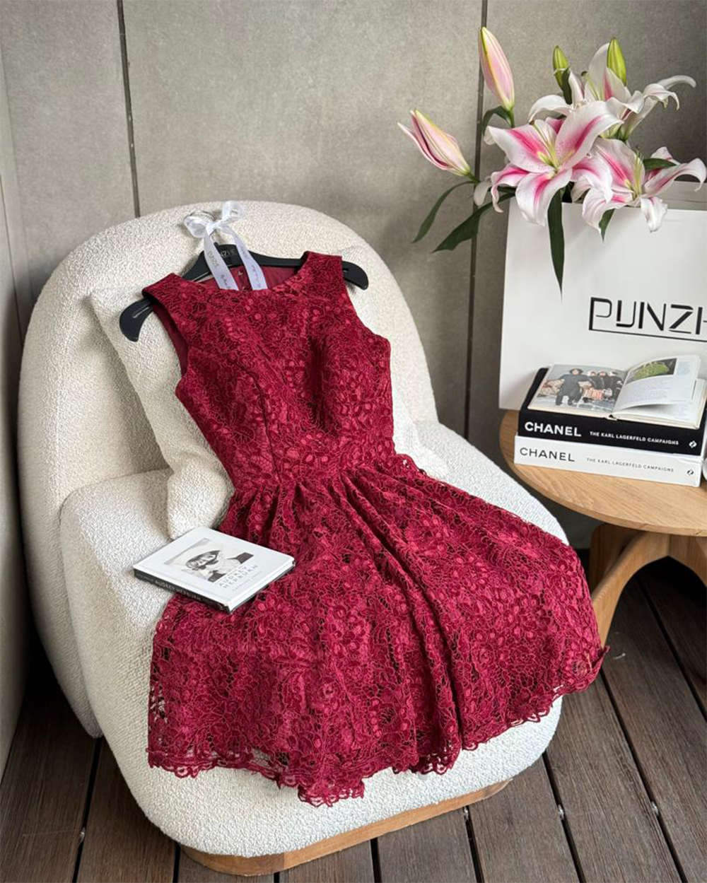 پیراهن یقه گرد دانتل زرشکی